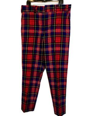 70's VTG Tartan Red Blue Scottish Straight Leg Wool Pants Slacks 38” x 30.5”